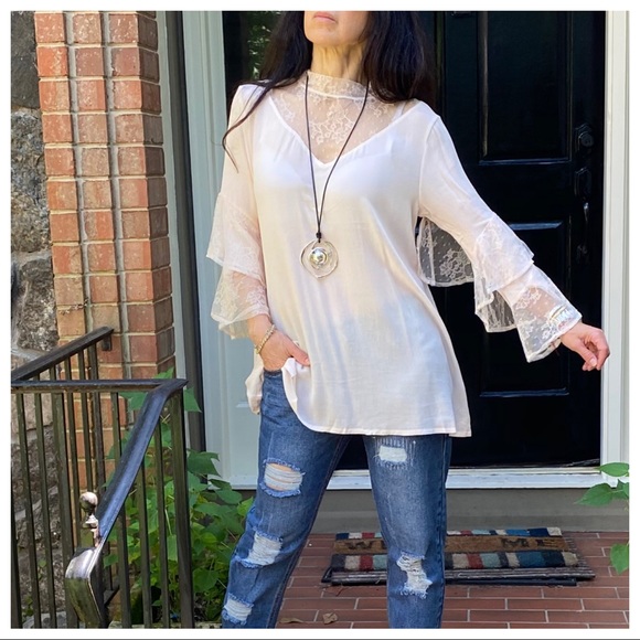 BOHO GYPSY CHIC LACE DETAIL BELL TOP - Picture 2 of 13